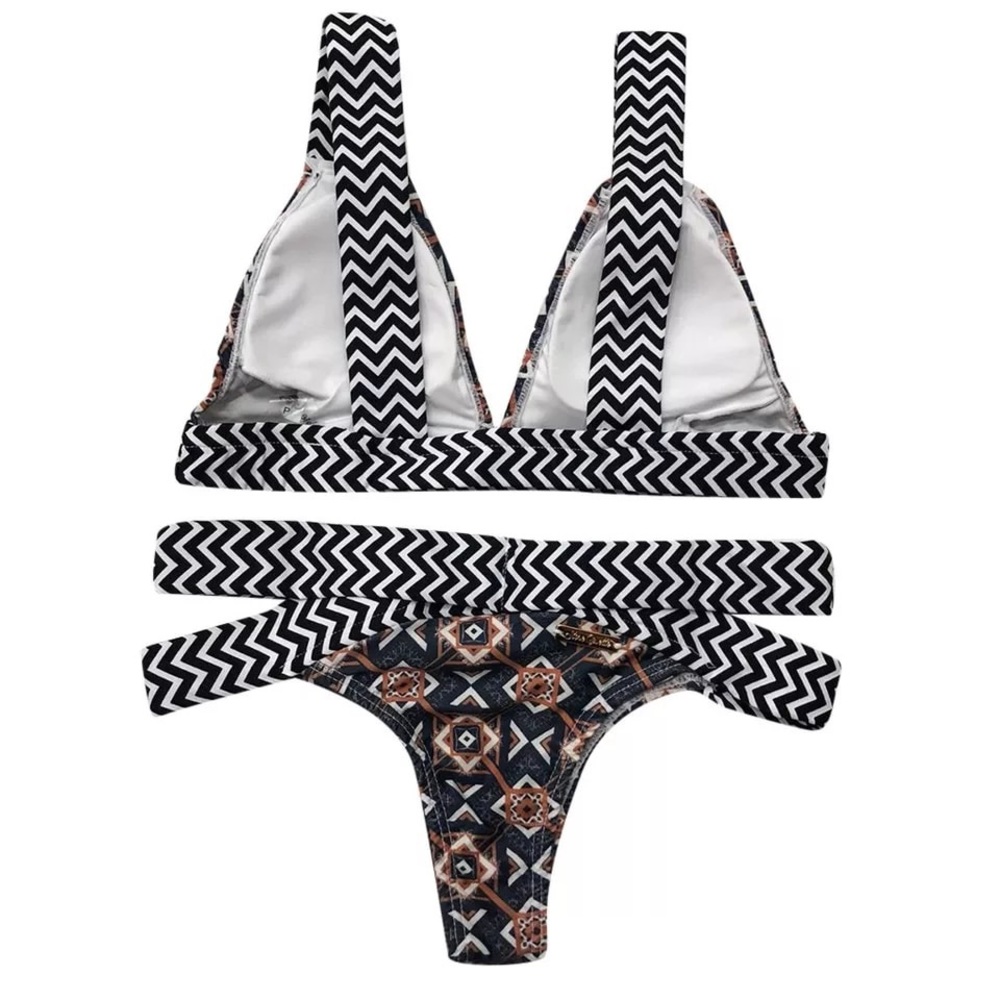 Strappy Black & White Chevron Geometric Bandage Bikini - Picture 4 of 15